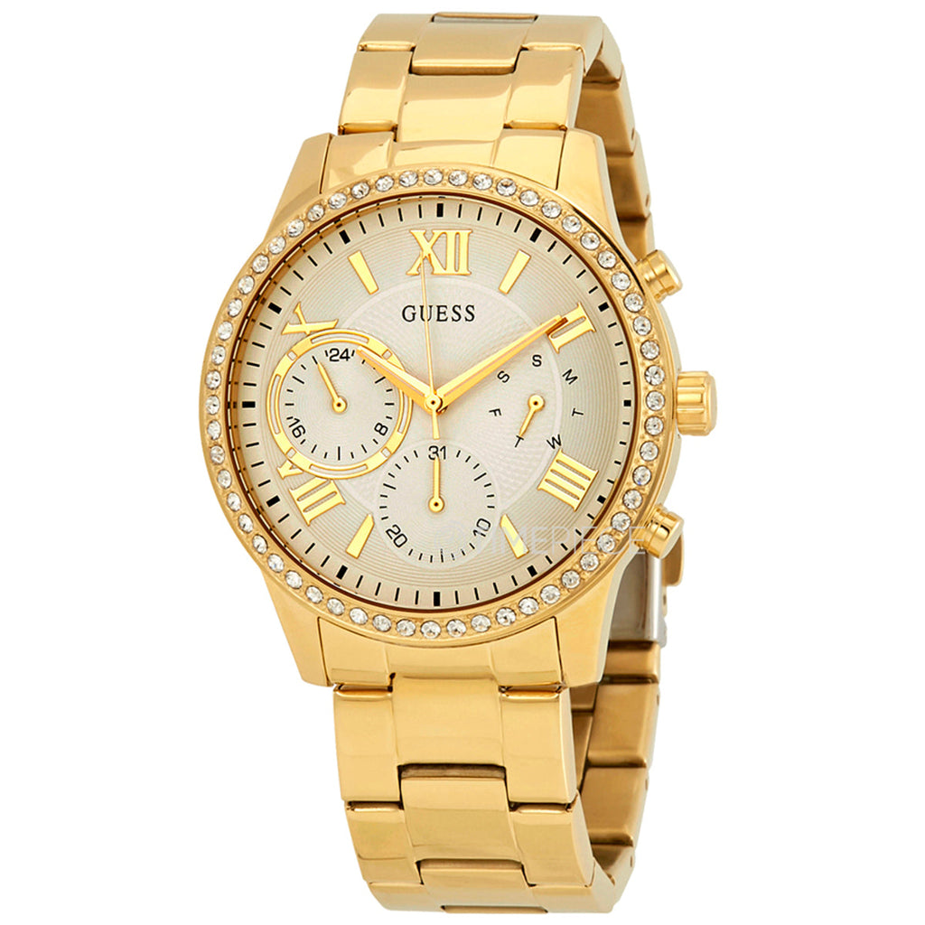 Guess Solar Chronograph Diamonds White Dial Gold Steel Strap Watch for Women - W1069L2 Buy Now By Guess