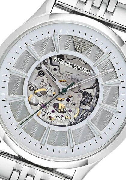 Emporio Armani Meccanico Skeleton Silver Dial Silver Steel Strap Watch For Men - AR1945 Buy Now By Emporio Armani