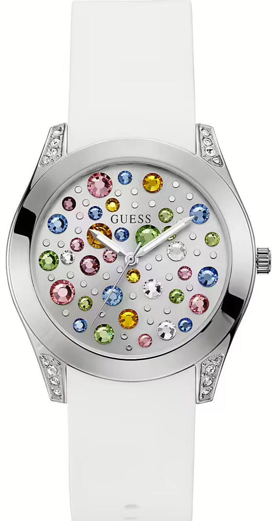 Guess Wanderlust Crystals Silver Dial White Rubber Strap Watch for Women - W1059L1 Buy Now By Guess