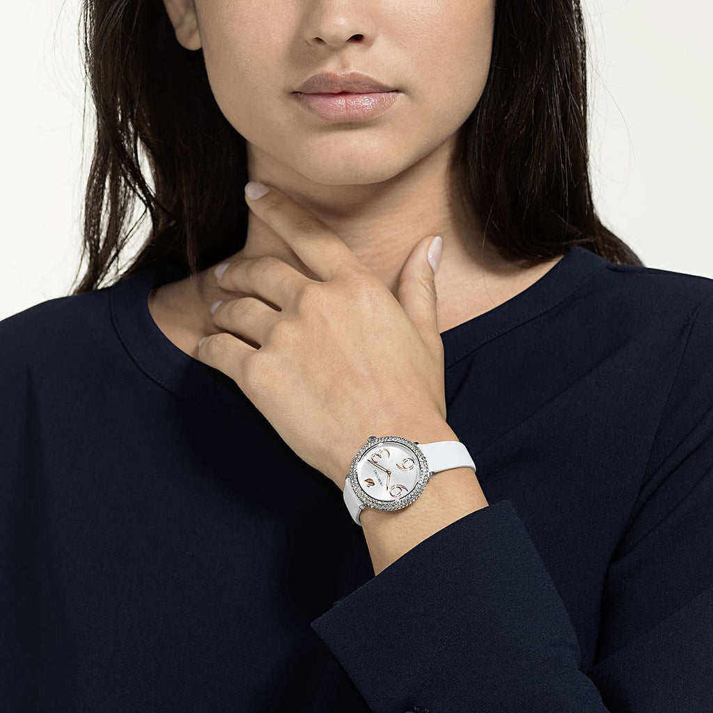 Swarovski Crystal Frost Silver Dial White Leather Strap Watch for Women - 5484070 Buy Now By Swarovski