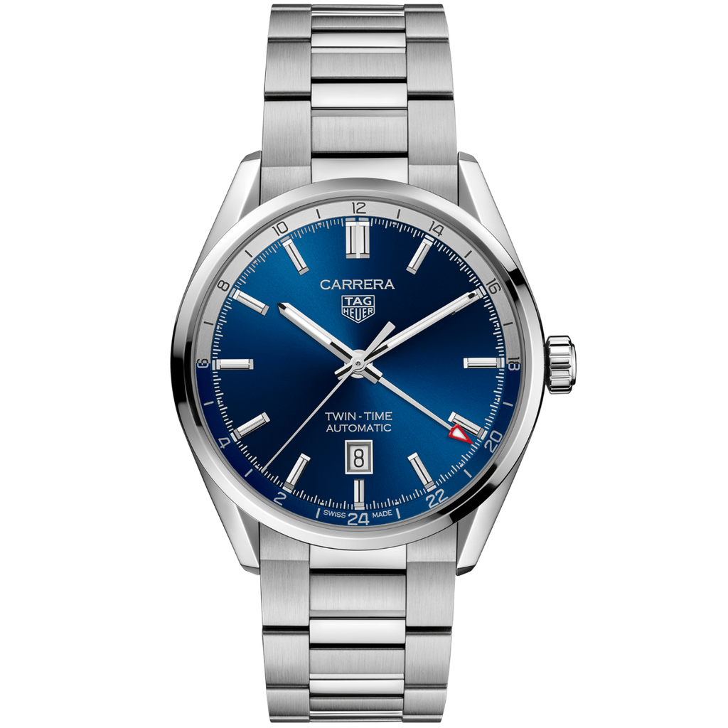 Tag Heuer Carrera Twin Time Blue Dial Silver Steel Strap Watch for Men - WBN201A.BA0640 Buy Now By Tag Heuer