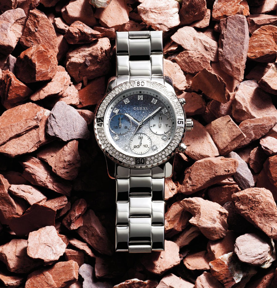 Guess Confetti Diamonds Blue Dial Silver Steel Strap Watch for Women - W0774L6 Buy Now By Guess