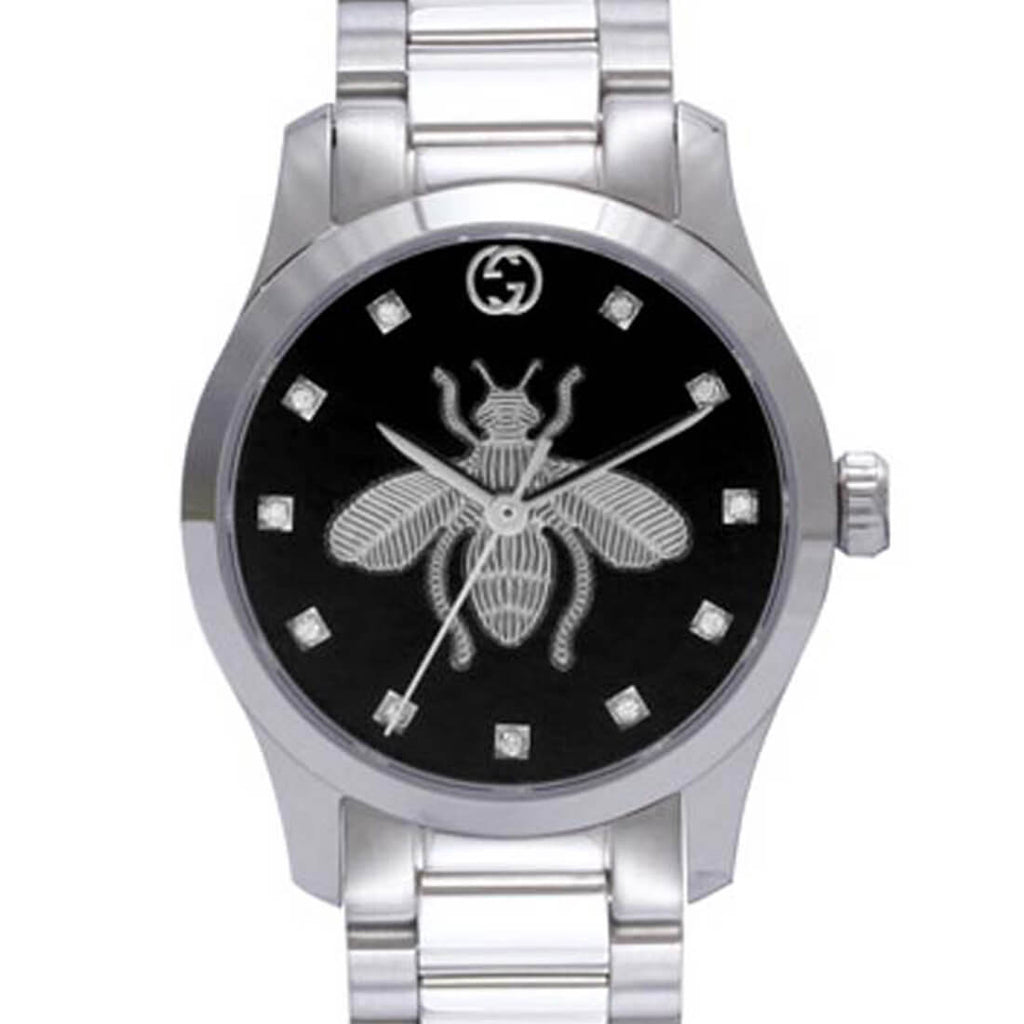 Gucci G Timeless Quartz Diamonds Black Dial Silver Steel Strap Watch For Women - YA1265024 Buy Now By Gucci