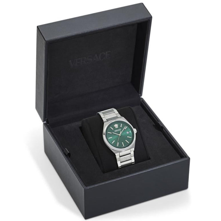 Versace V-Auria Quartz Green Dial Silver Steel Strap Watch for Men - VE0F00125 Buy Now By Versace