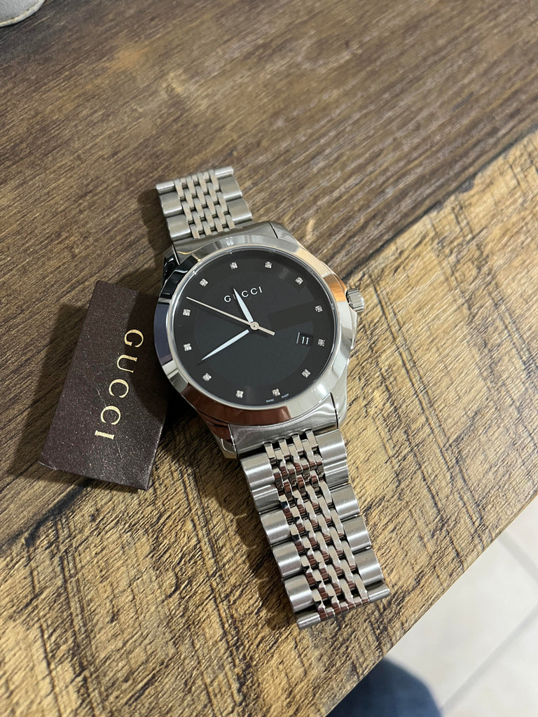 Gucci G Timeless Diamonds Black Dial Silver Steel Strap Watch For Men - YA126405 Buy Now By Gucci