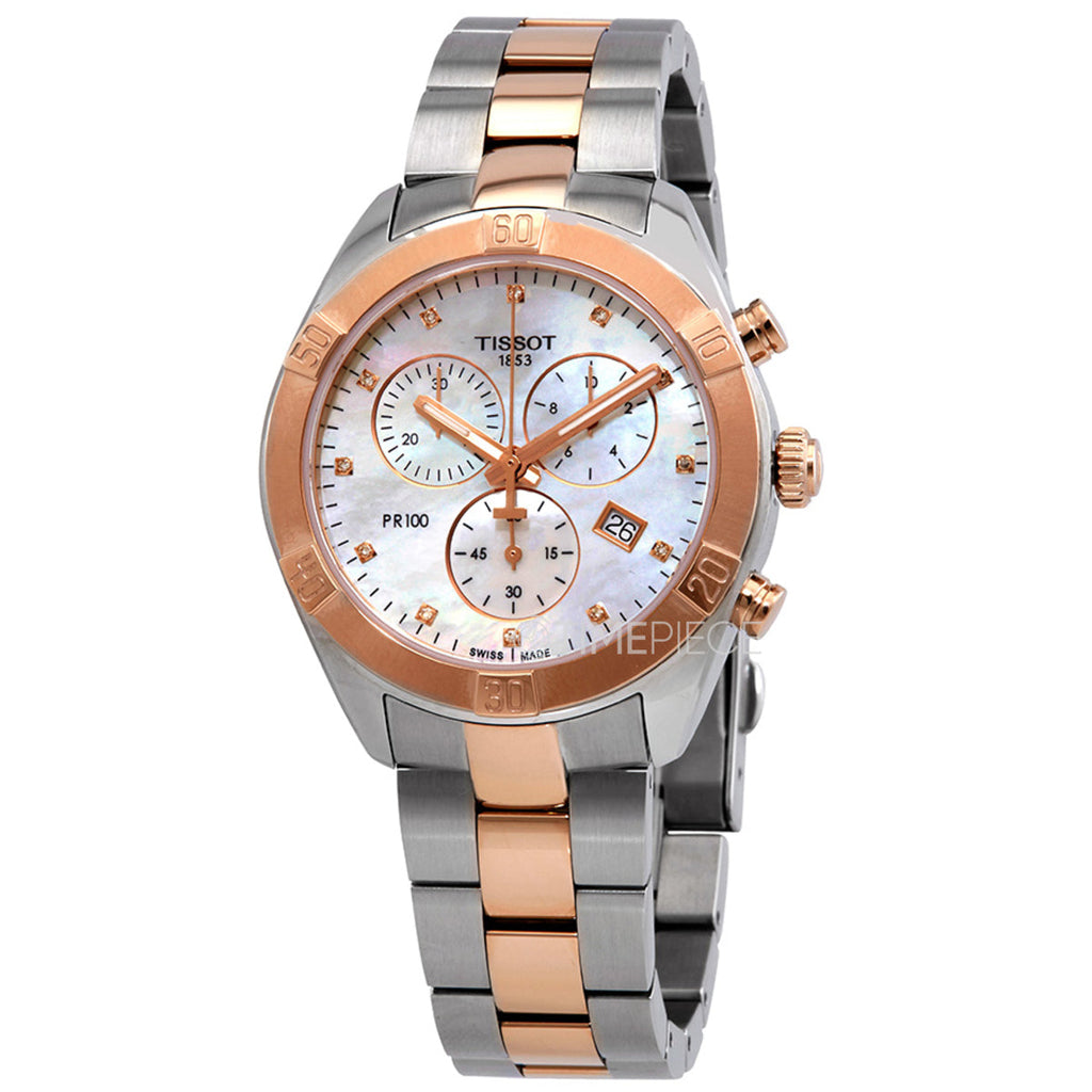 Tissot PR 100 Sport Chic Chronograph Diamonds Mother of Pearl Dial Two Tone Steel Strap Watch for Women - T101.917.22.116.00 Buy Now By Tissot