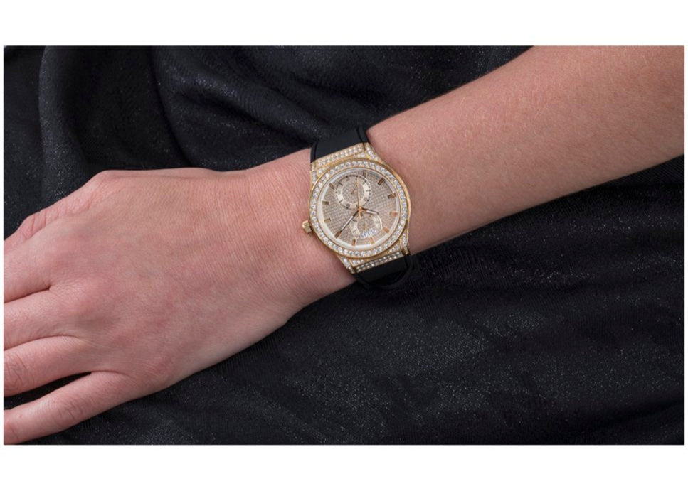 Guess Princess Crystals Gold Dial Black Silicone Strap Watch For Women - GW0439L2 Buy Now By Guess