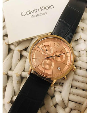 Calvin Klein Post Minimal Chronograph Rose Gold Dial Black Leather Strap Watch for Men - K7627201 Buy Now By Calvin Klein