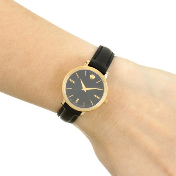 Movado Ultra Slim Black Dial Black Leather Strap Watch For Women - 0607095 Buy Now By Movado