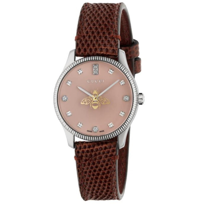 Gucci G Timeless Quartz Diamonds Pink Dial Red Leather Strap Watch For Women - YA1265017 Buy Now By Gucci