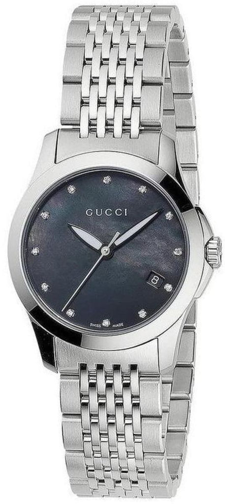 Gucci G Timeless Diamonds Mother of Pearl Black Dial Silver Steel Strap Watch For Women - YA126505 Buy Now By Gucci