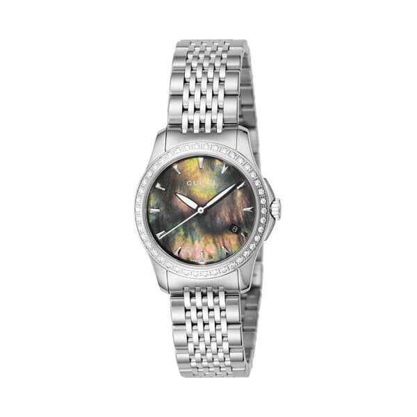 Gucci G Timeless Diamonds Mother of Pearl Black Dial Silver Mesh Bracelet Watch For Women - YA126507 Buy Now By Gucci