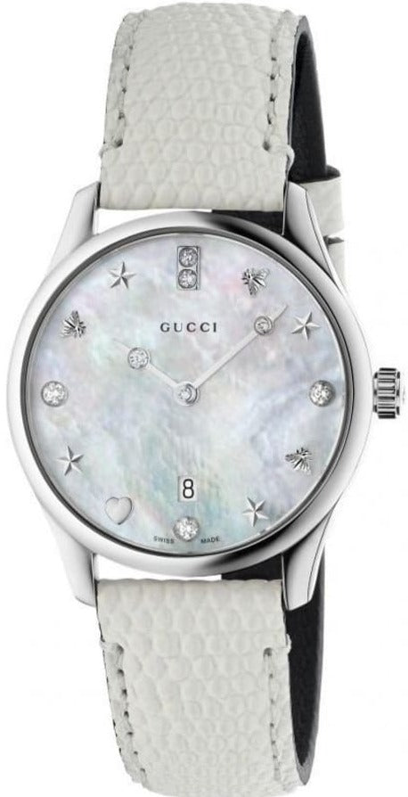 Gucci G-Timeless Mother of Pearl White Dial White Leather Strap Watch For Women - YA126597 Buy Now By Gucci