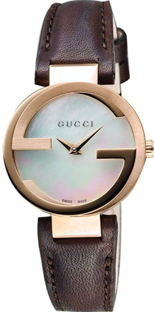 Gucci G Interlocking Mother of Pearl Dial Brown Leather Strap Watch For Women - YA133516 Buy Now By Gucci
