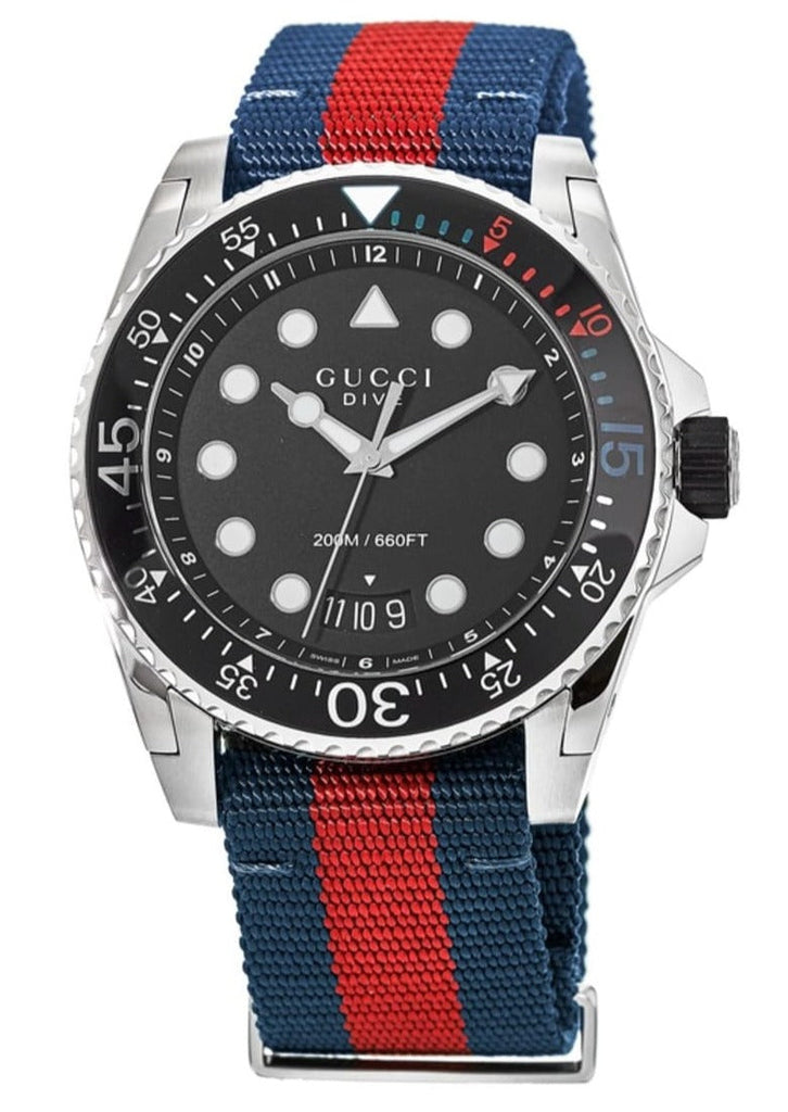 Gucci Dive Black Dial Red & Blue Nylon Strap Watch For Men - YA136210 Buy Now By Gucci