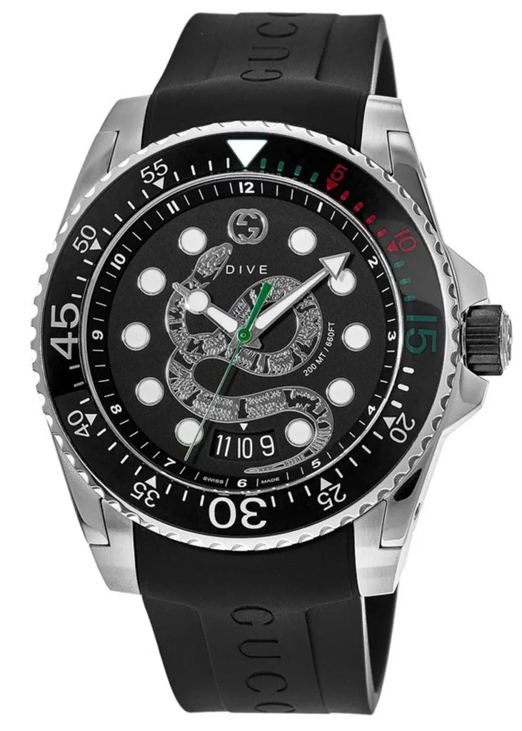 Gucci Dive Quartz Kingsnake Black Dial Black Rubber Strap Watch For Men - YA136217 Buy Now By Gucci