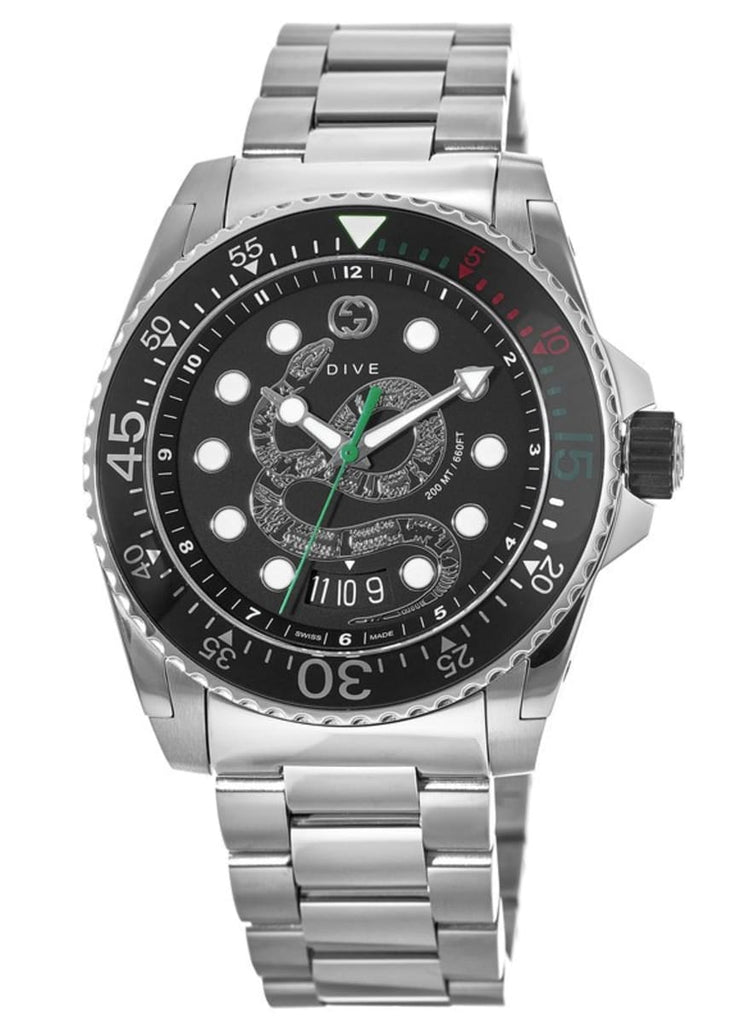 Gucci Dive Snake Black Dial Silver Steel Strap Watch For Men - YA136218 Buy Now By Gucci