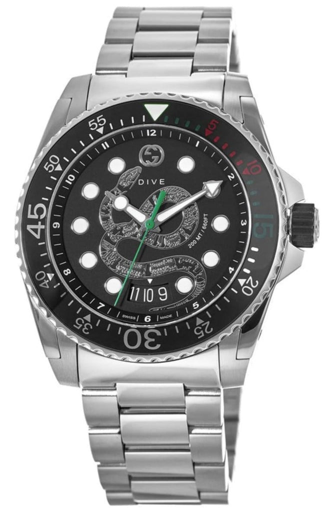 Gucci Dive Snake Black Dial Silver Steel Strap Watch For Men - YA136218 Buy Now By Gucci
