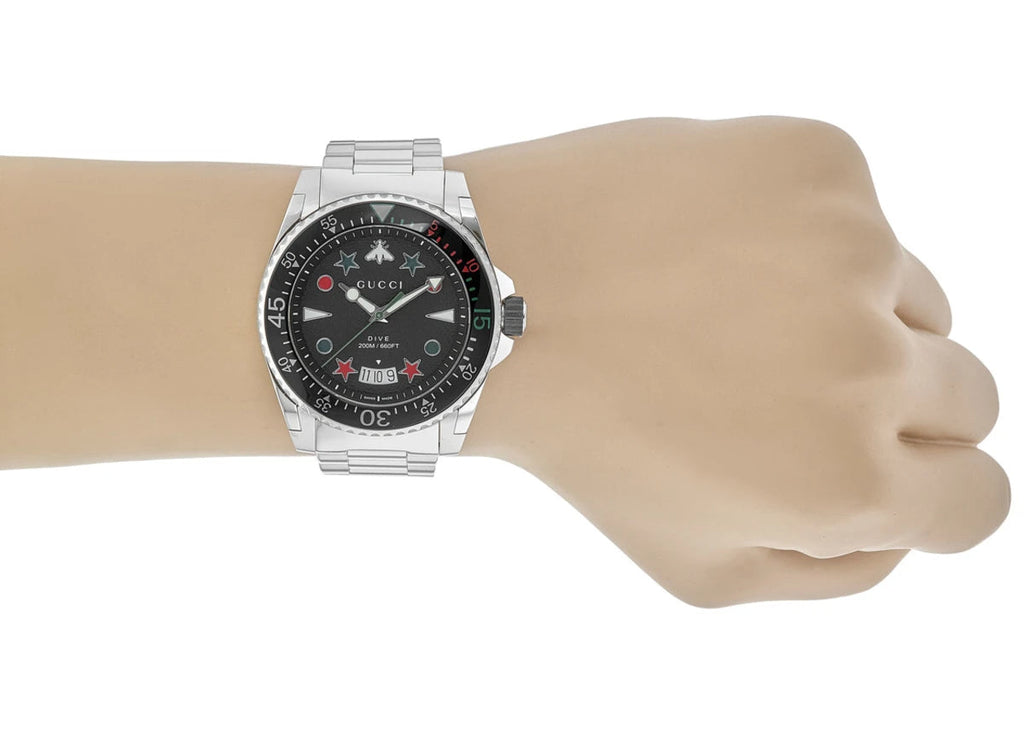 Gucci Dive Quartz Black Dial Silver Steel Strap Watch For Men - YA136221 Buy Now By Gucci