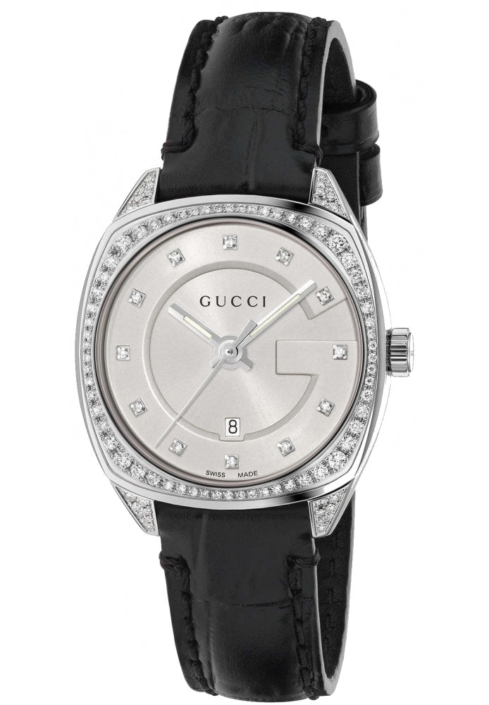 Gucci GG2570 Diamonds Silver Dial Black Leather Strap Watch For Women - YA142507 Buy Now By Gucci