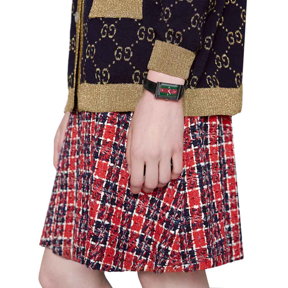 Gucci G-Frame Mother of Pearl Green & Red Dial Black Leather Strap Watch For Women - YA147403 Buy Now By Gucci