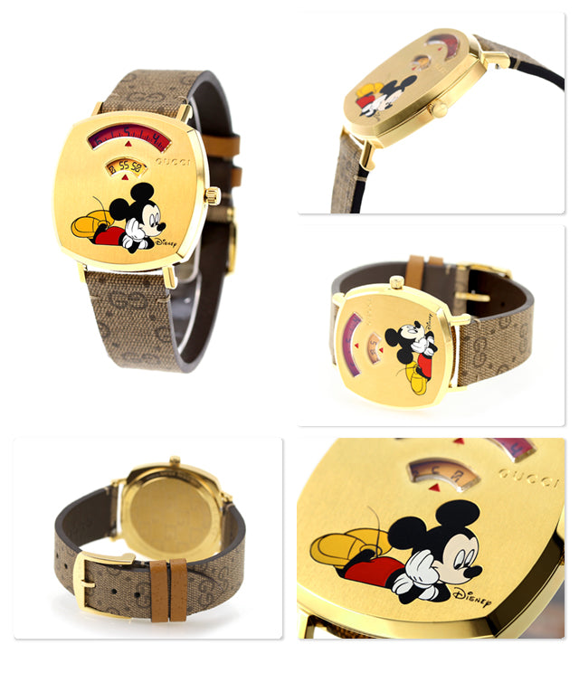 Gucci Grip Disney Mickey Mouse Gold Dial Brown Leather Strap Watch For Women - YA157420 Buy Now By Gucci