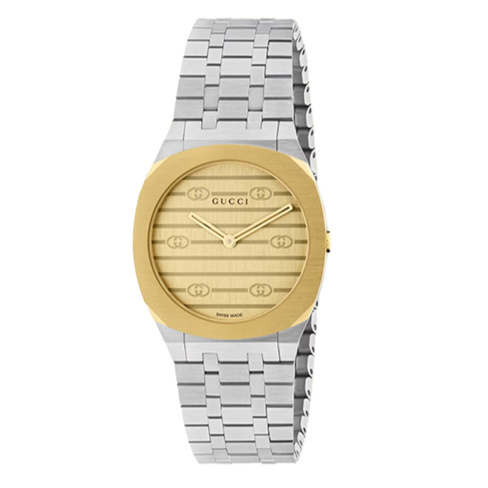 Gucci 25H Quartz Gold Dial Silver Steel Strap Watch for Men - YA163405 Buy Now By Gucci