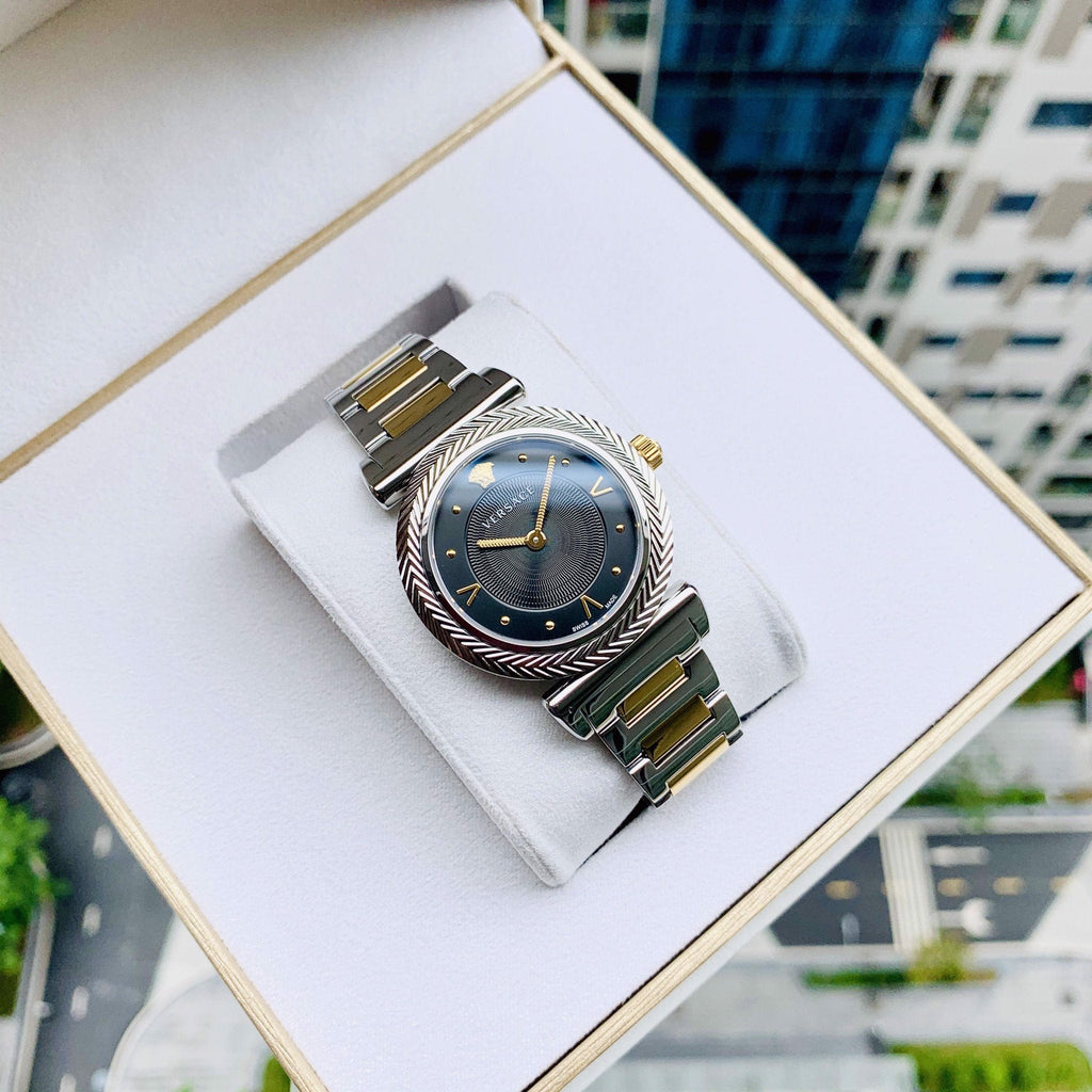 Versace V-Motif Black Dial Two Tone Steel Strap Watch for Women - VERE00518 Buy Now By Versace