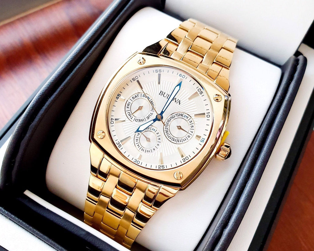 Bulova Multifunction White Dial Gold Steel Strap Watch for Men - 97C105 Buy Now By Bulova