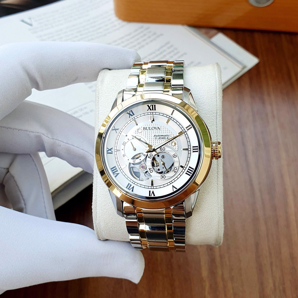 Bulova BVA Skeleton Silver Dial Two Tone Steel Strap Watch for Men - 98A230 Buy Now By Bulova