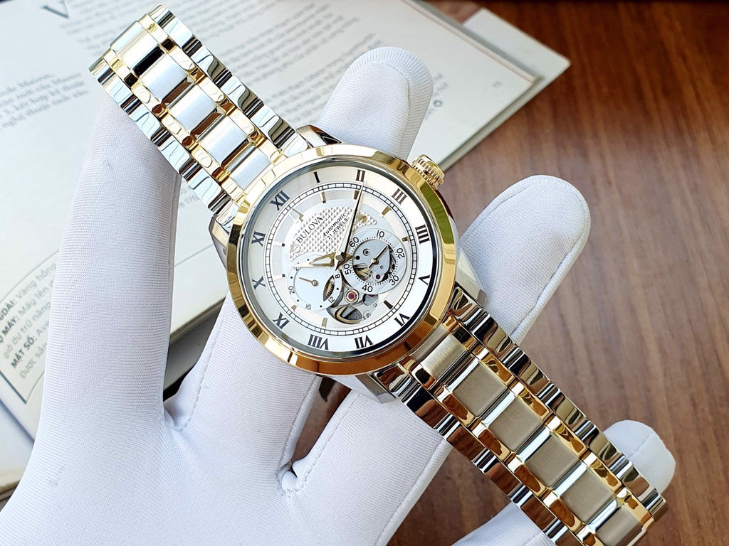 Bulova BVA Skeleton Silver Dial Two Tone Steel Strap Watch for Men - 98A123 Buy Now By Bulova