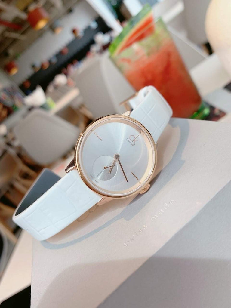 Calvin Klein Accent Silver Dial White Leather Strap Watch for Women - K2Y216K6 Buy Now By Calvin Klein