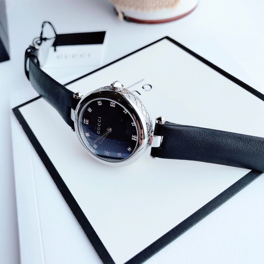 Gucci Diamantissima Diamonds Black Dial Black Leather Strap Watch For Women - YA141403 Buy Now By Gucci