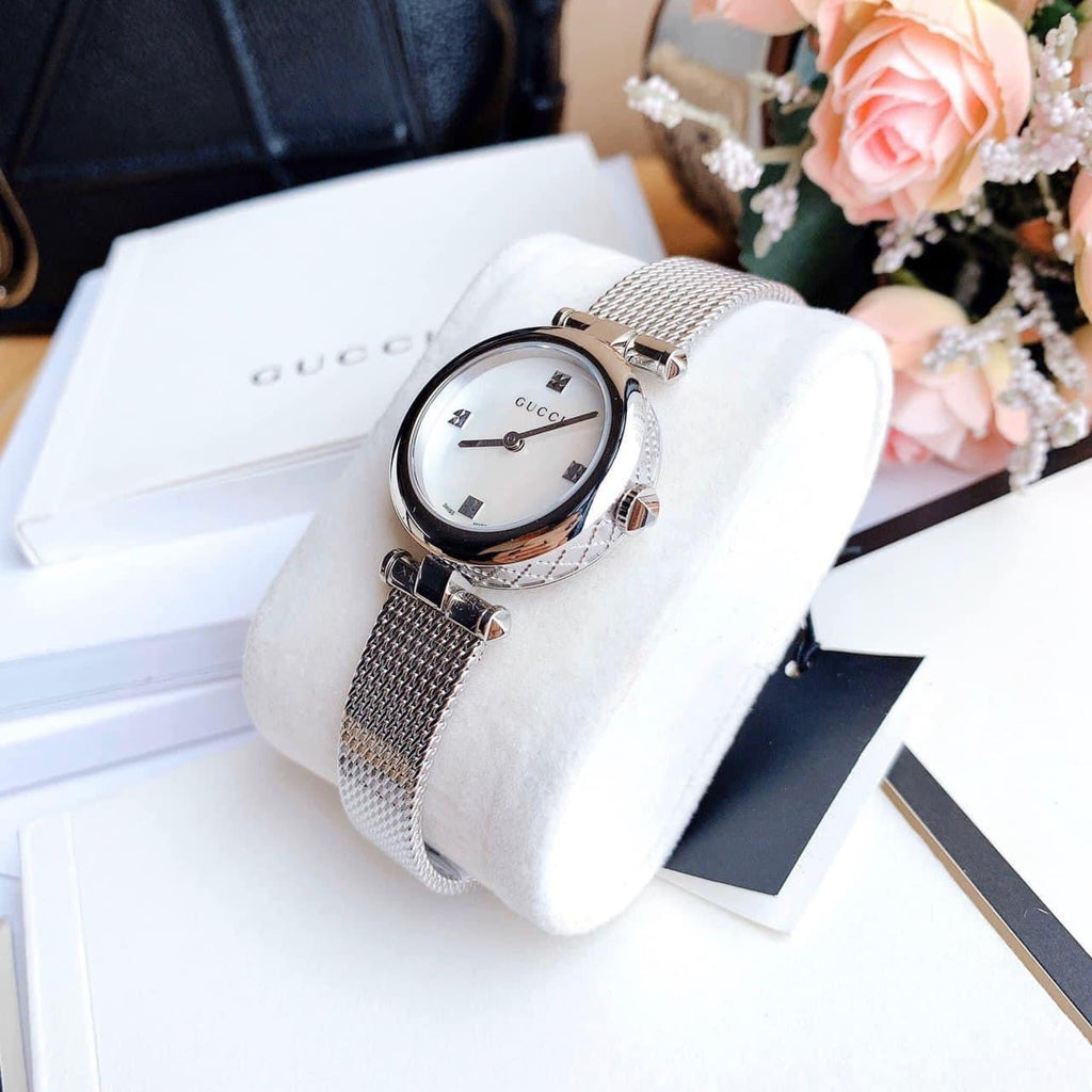 Gucci Diamantissima Quartz Diamonds Mother of Pearl Dial Silver Mesh Bracelet Watch for Women - YA141504 Buy Now By Gucci