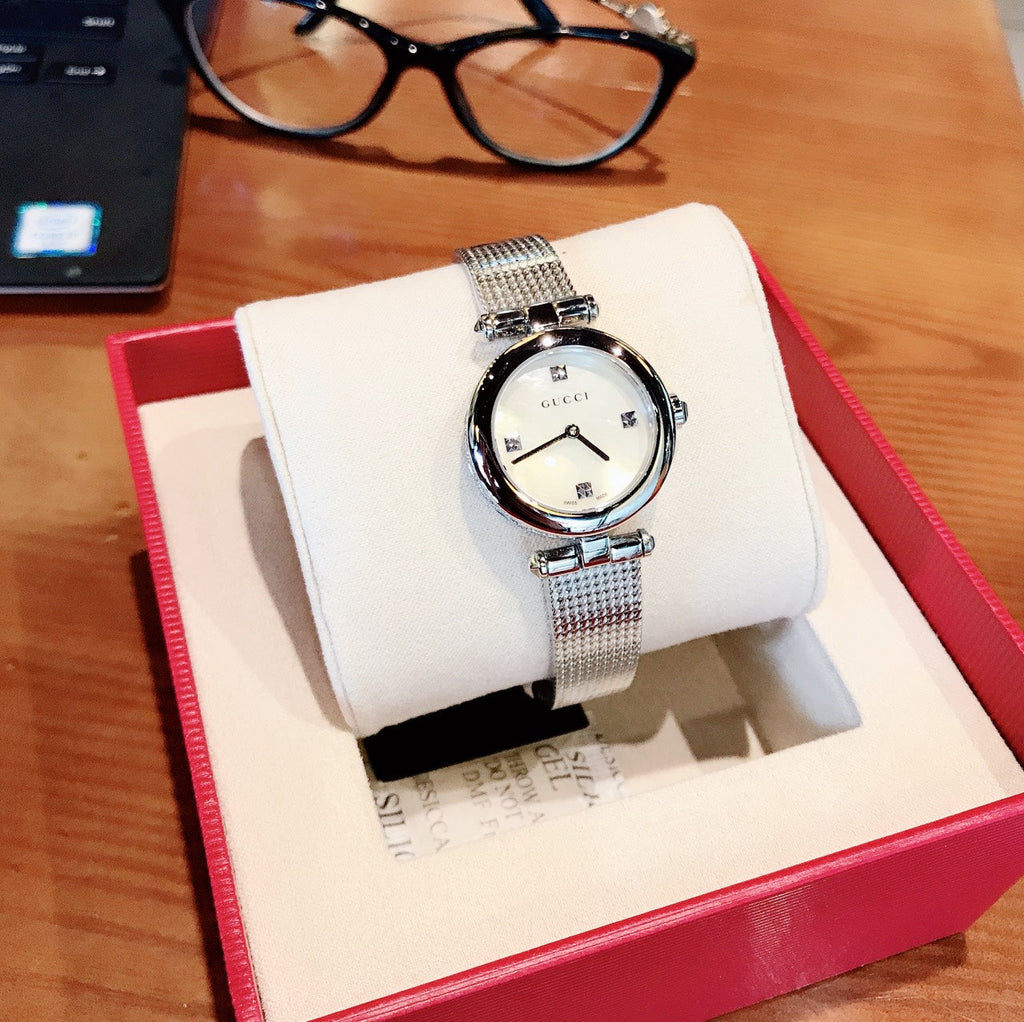 Gucci Diamantissima Quartz Diamonds Mother of Pearl Dial Silver Mesh Bracelet Watch for Women - YA141504 Buy Now By Gucci