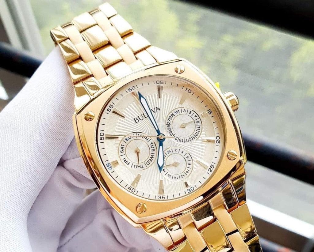 Bulova Multifunction White Dial Gold Steel Strap Watch for Men - 97C105 Buy Now By Bulova