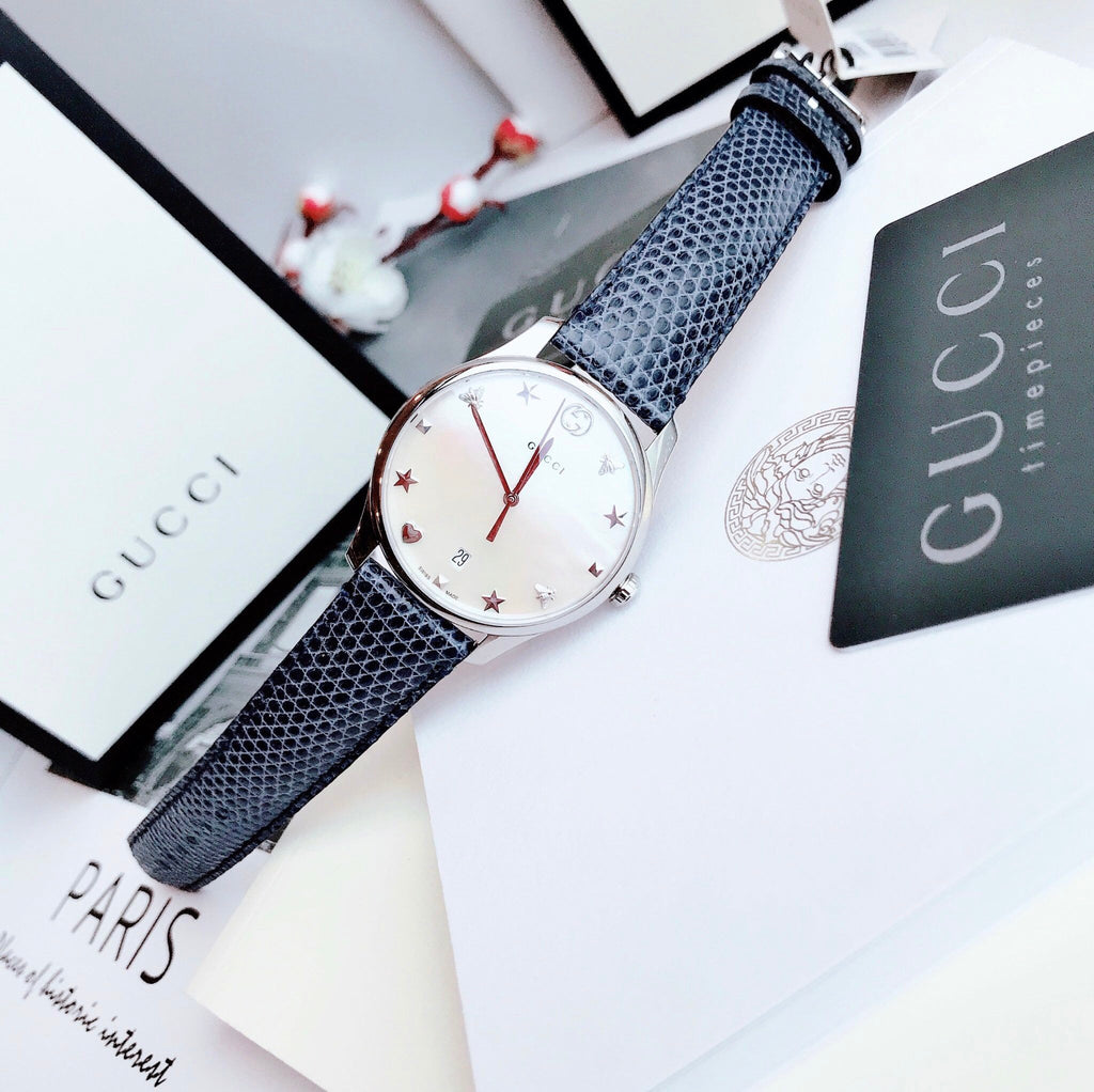 Gucci G-Timeless Signature Mother of Pearl Silver Dial Blue Leather Strap Watch For Women - YA1264049 Buy Now By Gucci