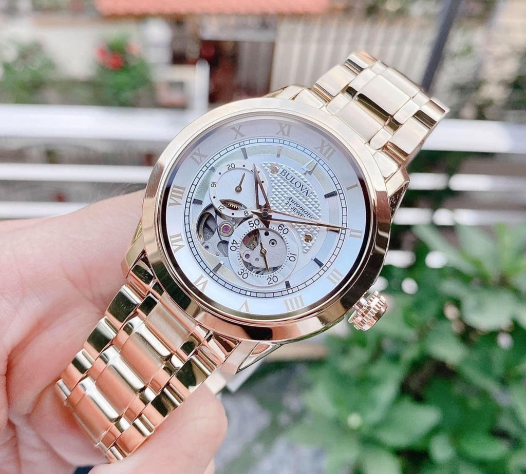 Bulova BVA Skeleton Silver Dial Gold Steel Strap Watch for Men - 97A108 Buy Now By Bulova