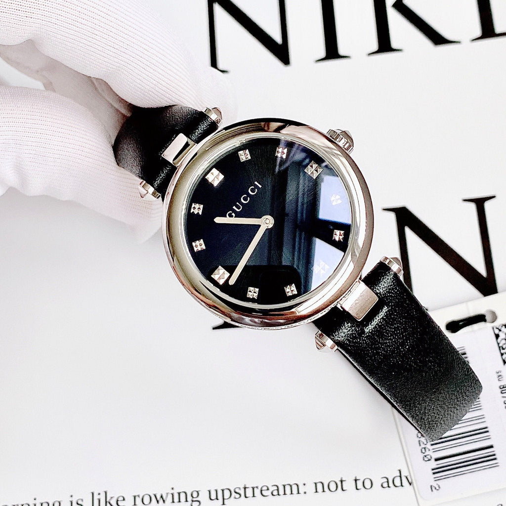 Gucci Diamantissima Diamonds Black Dial Black Leather Strap Watch For Women - YA141403 Buy Now By Gucci