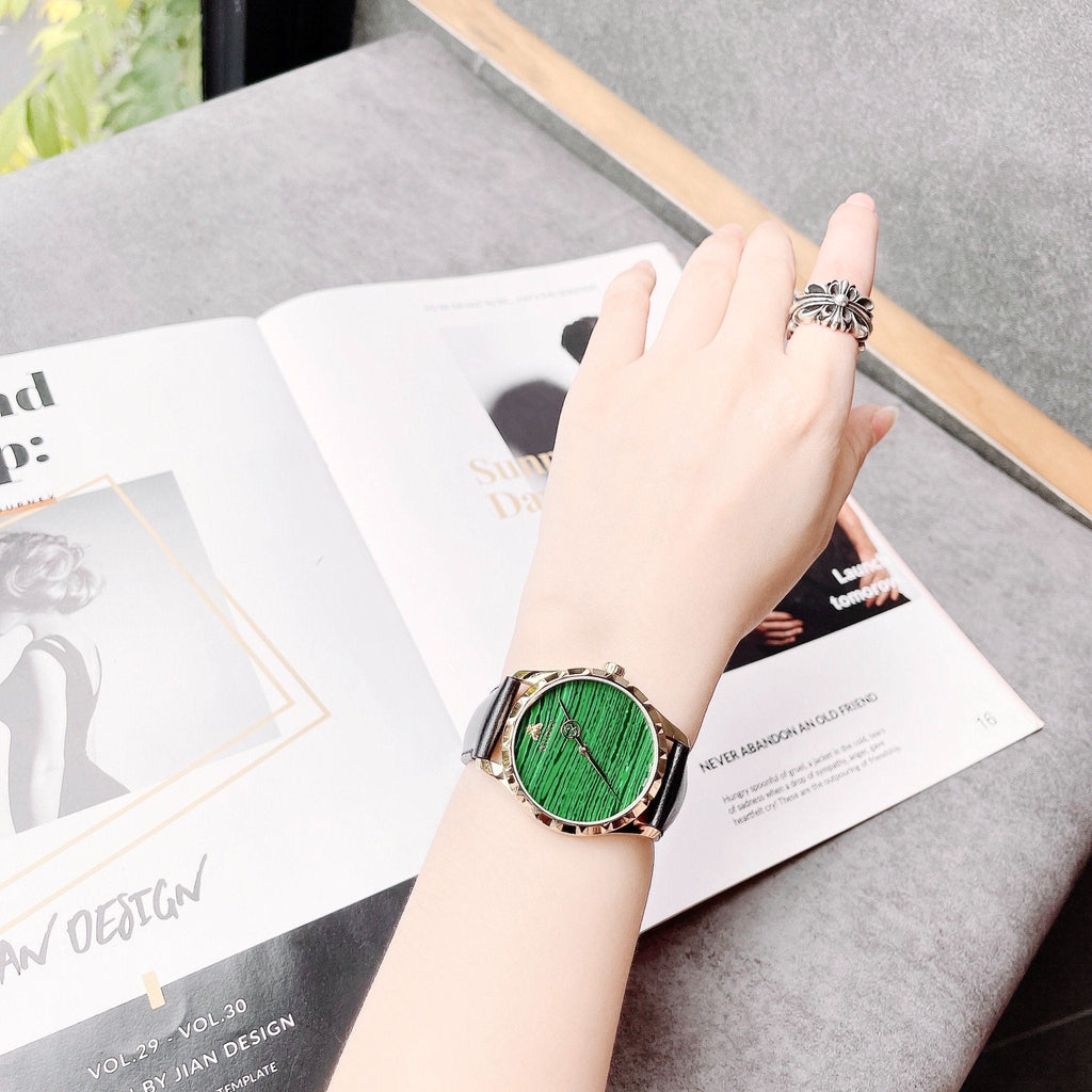 Gucci Le Marche Des Merveilles Quartz Green Dial Black Leather Strap Watch For Women - YA126463 Buy Now By Gucci