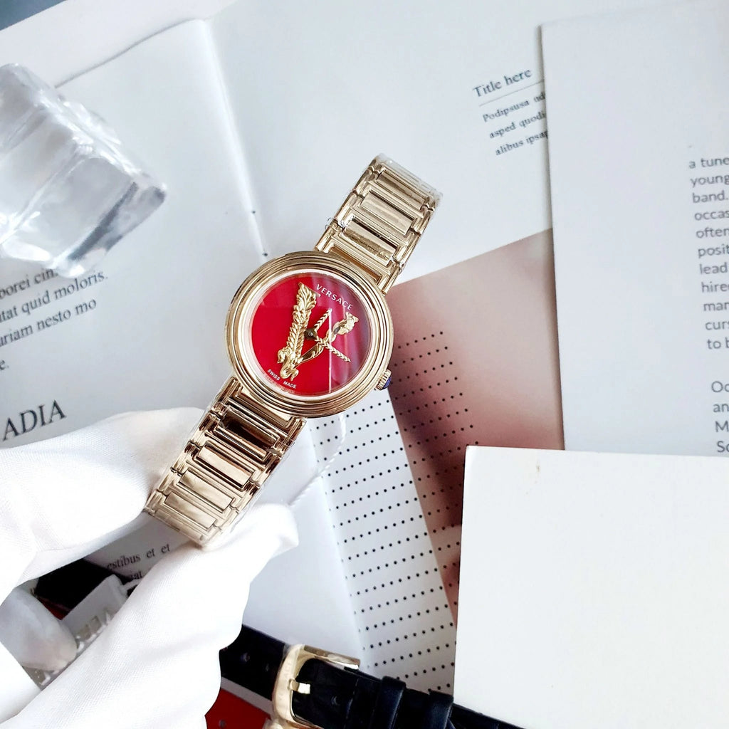 Versace Virtus Mini Quartz Red Dial Gold Steel Strap Watch For Women - VET300321 Buy Now By Versace