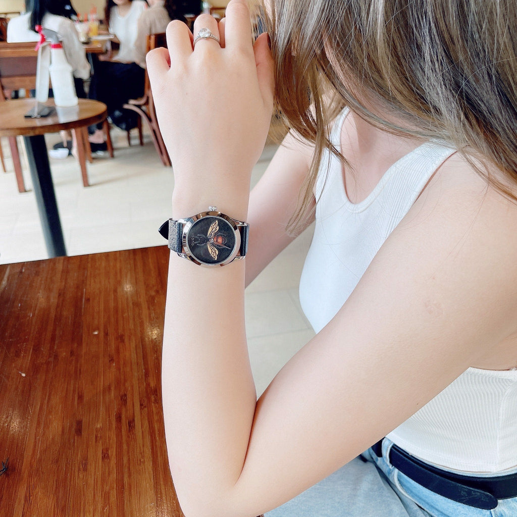 Gucci G Timeless Bee Black Dial Black Leather Strap Watch For Women - YA1264067 Buy Now By Gucci