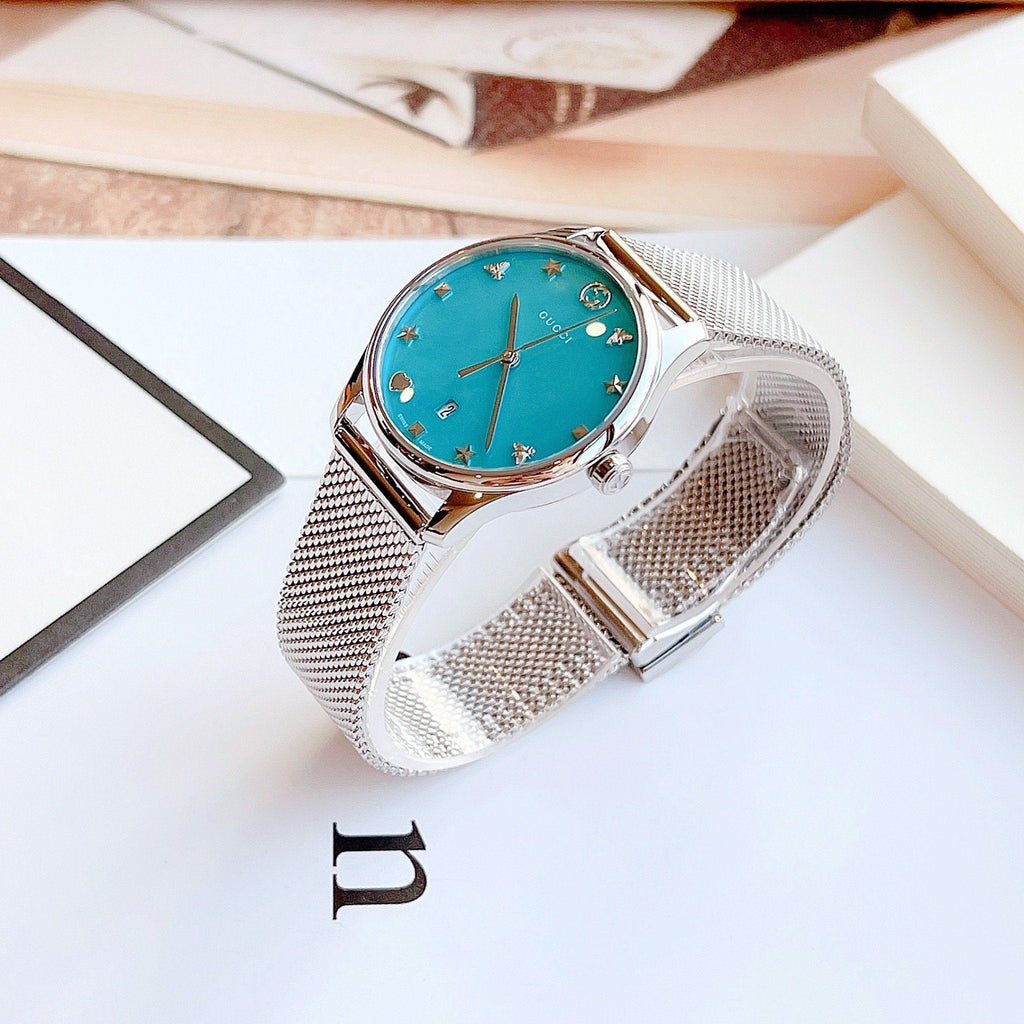 Gucci G-Timeless Turquoise Mother of Pearl Dial Silver Mesh Bracelet Watch For Women - YA126582
