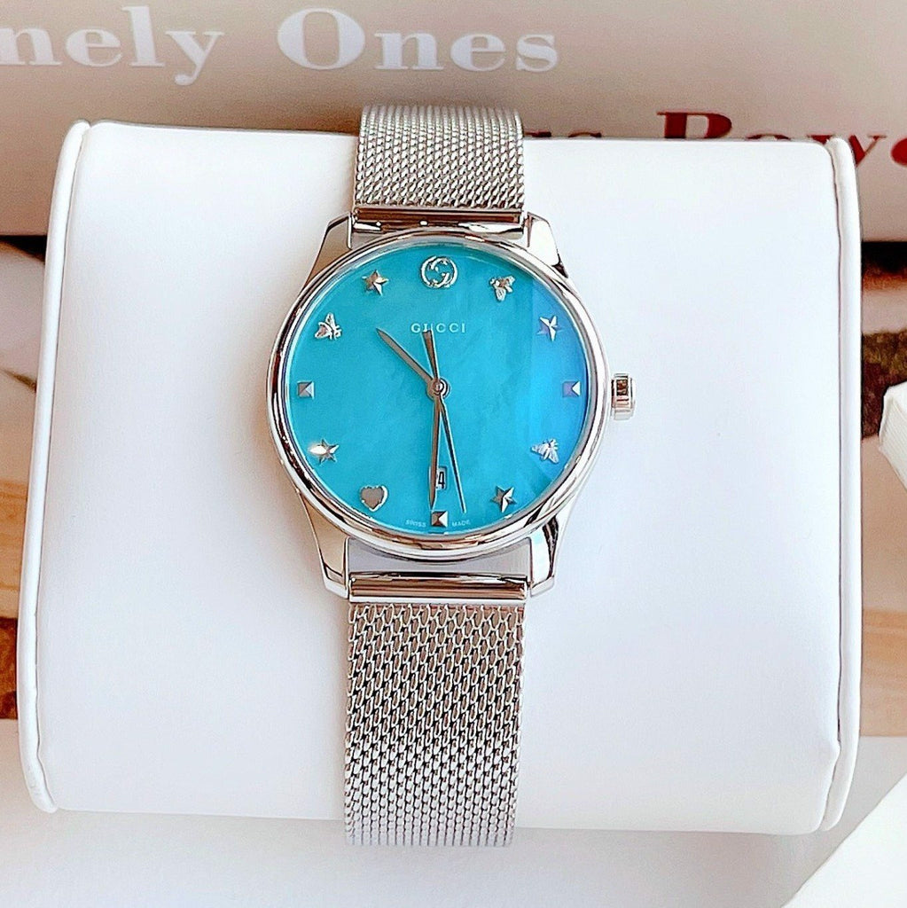 Gucci G-Timeless Turquiose Mother of Pearl Dial Silver Mesh Bracelet Watch For Women - YA1264039