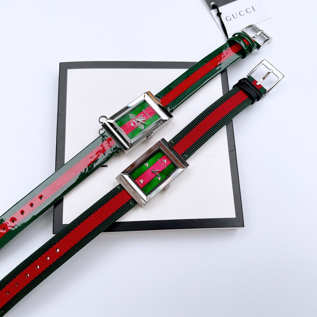 Gucci G Frame Quartz Green & Red Mother of Pearl Dial Multicolor Leather Strap Watch For Women - YA147408 Buy Now By Gucci