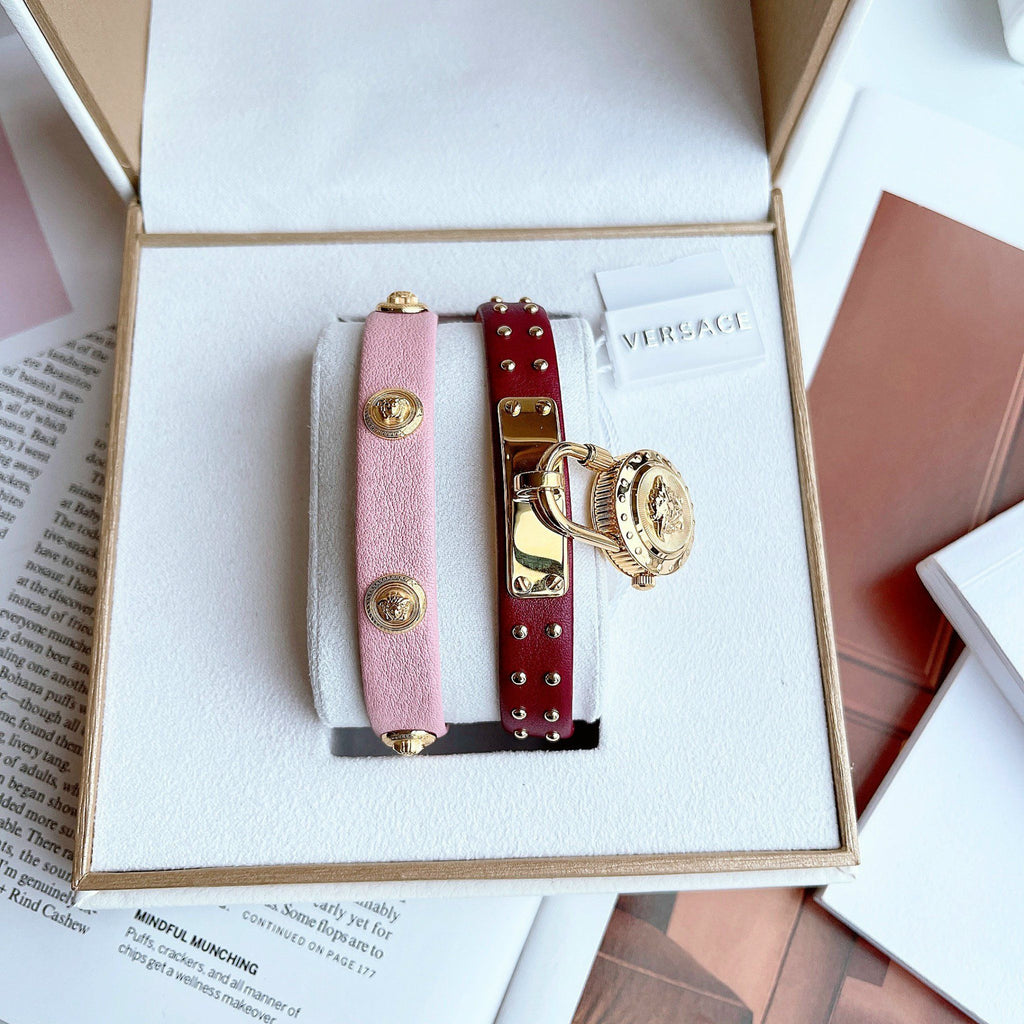 Versace Medusa Lock Icon Gold Dial Red Leather Strap Watch for Women - VEDW00319 Buy Now By Versace