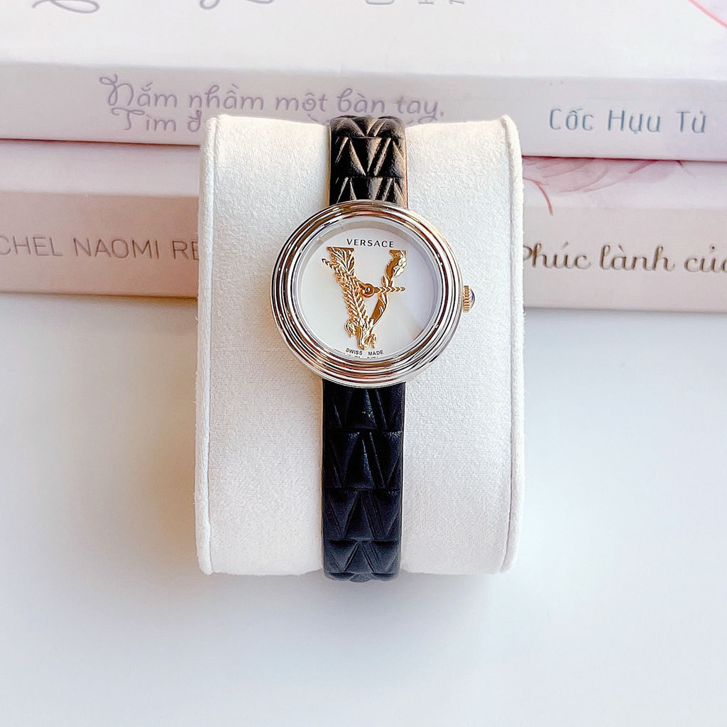 Versace Virtus Quartz White Dial Black Leather Strap Watch For Women - VET300421 Buy Now By Versace