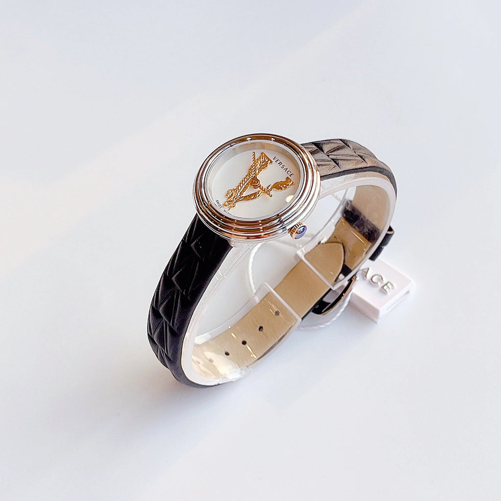 Versace Virtus Quartz White Dial Black Leather Strap Watch For Women - VET300421 Buy Now By Versace