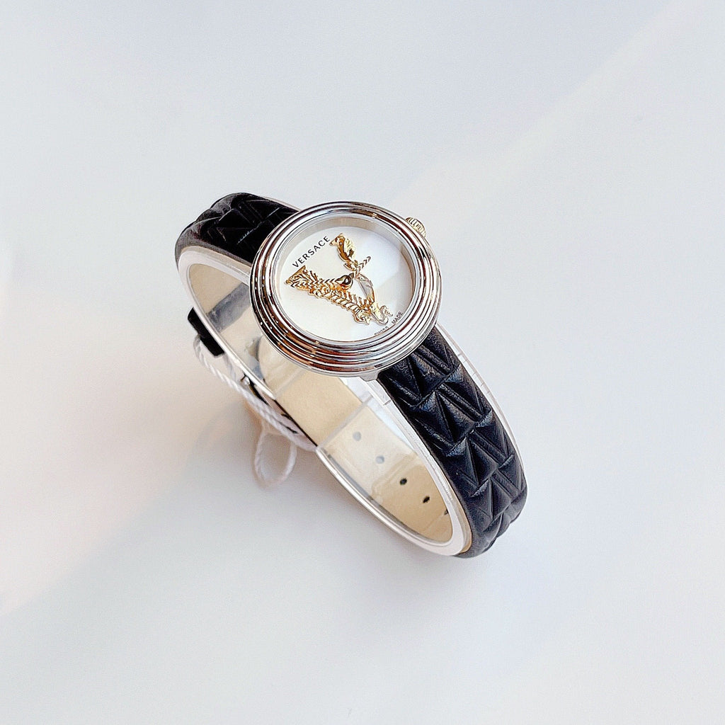 Versace Virtus Quartz White Dial Black Leather Strap Watch For Women - VET300421 Buy Now By Versace