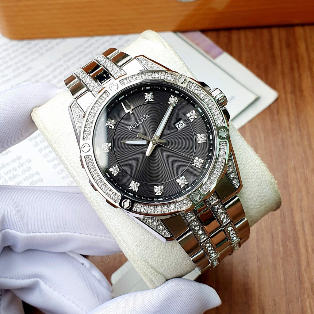 Bulova Crystal Collection Black Dial Silver Steel Strap Watch for Men - 96K104 Buy Now By Bulova